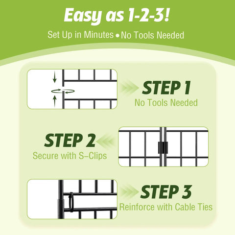 Setup steps for Tall 31.5 Inch Decorative Garden Fence Panels 14 Pack No Dig Metal Wire Border with holders and zip ties.