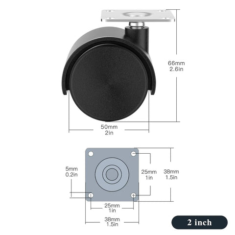 Level Up Your Setup With These Badass Heavy Duty 2 Inch Swivel Casters Set Of 4, Smooth Rolling Nylon Wheels for furniture and carts, dimensions shown.