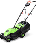 Power Through Your Yard With This 12.5 Amp 1200W Corded 13 Inch Push Lawn Mower That Cuts Clean, Tames Thick Grass, And Starts Easy, A Lightweight Green Machine Built For Quick, No Fuss Yard Maintenance., corded 13-inch push lawn mower with green deck and black body, 1200W, for small yards