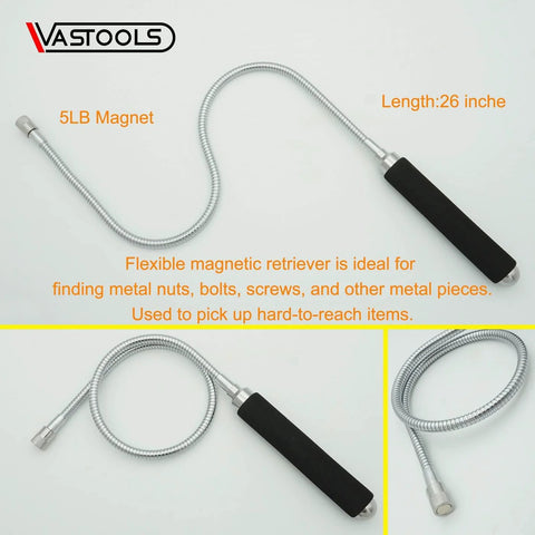 VASTOOLS flexible magnetic pickup tool collage; 26-inch chrome coil shaft with black handle and 5 lb magnet