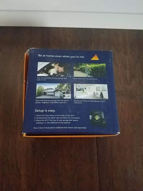 Back of box showing setup instructions for MyQ Smart Garage Hub WiFi Enabled Garage Controller With Smartphone Control Universal.