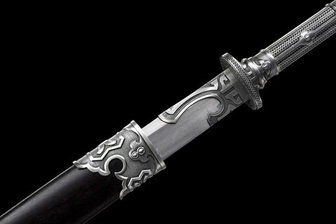 Close-up of Ring Pommel Song Dao Hand Forged High Manganese Steel Blade with Rosewood Scabbard and Exclusive Alloy Fittings