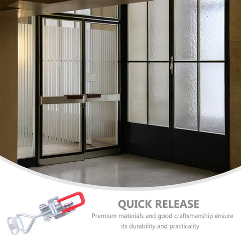 Beefy 2 Pack Heavy Duty Toggle Latch Clamp Set With Lock Hole shown on double glass doors for secure hold.