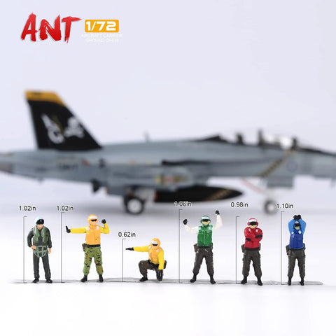 Six Piece One Seventy Two Scale US Aircraft Carrier Deck Crew Figures Set with fighter jet background