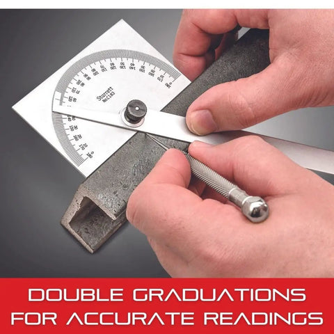 Double Graduation Steel Protractor, 6 Inch Bevel Transfer Tool in use on metal, showing 0 to 180 degree range, woodworking application.
