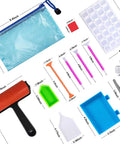 All In One 22 Piece 5D Diamond Painting Tools Kit With Roller Storage Box Tweezers Pens Trays And Glue shown with measurements