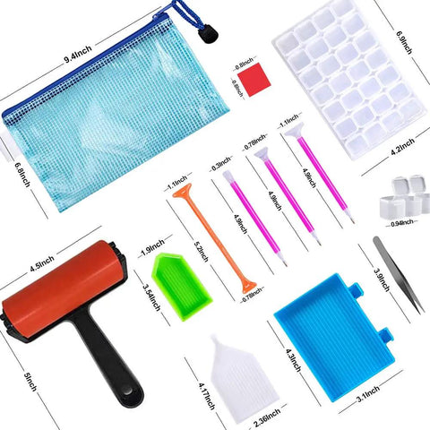 All In One 22 Piece 5D Diamond Painting Tools Kit With Roller Storage Box Tweezers Pens Trays And Glue shown with measurements
