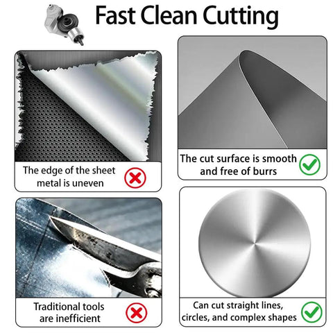 Heavy Duty Sheet Metal Cutter Nibbler Drill Attachment For Steel Aluminum Iron showing clean cut surfaces and effective cutting methods.