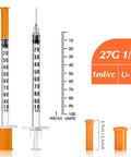 Bulk 100 Pack 1 mL Lab Syringes With 27 Gauge One Half Inch Needles, Individually Sealed For Sterile Use, No Fuss Dosing, Clear Measurement Scale For Precise Dosing, Leak Proof Plunger Design, Great For Labs, Demos, Small Projects. 1 mL syringe with 27G 1/2 inch needle and measurement scale