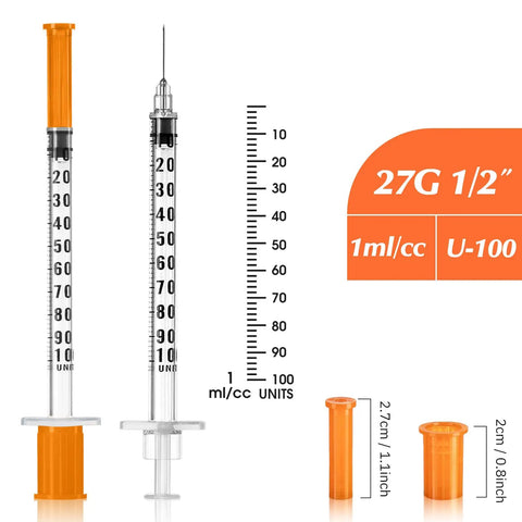 Bulk 100 Pack 1 mL Lab Syringes With 27 Gauge One Half Inch Needles, Individually Sealed For Sterile Use, No Fuss Dosing, Clear Measurement Scale For Precise Dosing, Leak Proof Plunger Design, Great For Labs, Demos, Small Projects. 1 mL syringe with 27G 1/2 inch needle and measurement scale