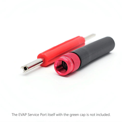 Amazon AutoLine Pro EVAP service port adapter with valve removal tool; red anodized aluminum connector and black handle.
