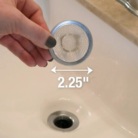 2 Inch Mesh Bathroom Sink Strainer In Stainless Steel For Lavatory Drains Hair Catcher shown above sink