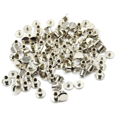 Knockout Silver Chicago Binding Screws M5 X 6Mm Nickel Plated Flat Head Rivet Set showing a pile of flat head rivets.