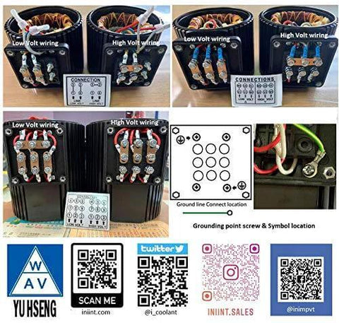 Set of four black machine-tool coolant pump modules with low/high voltage wiring blocks and diagrams; YUHSENG logo visible.
