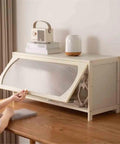 Bamboo Desktop Book Shelf Organizer with Flip Flap Door on a wood desk, stylish storage solution for books and essentials.