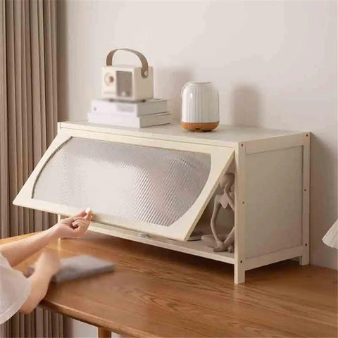 Bamboo Desktop Book Shelf Organizer with Flip Flap Door on a wood desk, stylish storage solution for books and essentials.