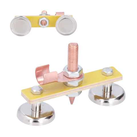 Heavy Duty Welding Ground Clamp Tools With Magnetic Base And Dual Strong Magnets For Secure Mechanical Maintenance Holds Firmly At Up To 300 Amps Current Without Slippage During Tough Fabrication Projects, showing dual magnet heads and copper tail.