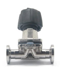Diaphragm valve, SS316, 1/2 in tri-clamp with black knob, stainless steel body (front view)