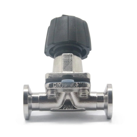 Diaphragm valve, SS316, 1/2 in tri-clamp with black knob, stainless steel body (front view)
