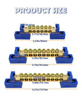 Product size of Six Piece Grounding Bus Bar Kit with brass terminal blocks, M4 screws, and 40A rating