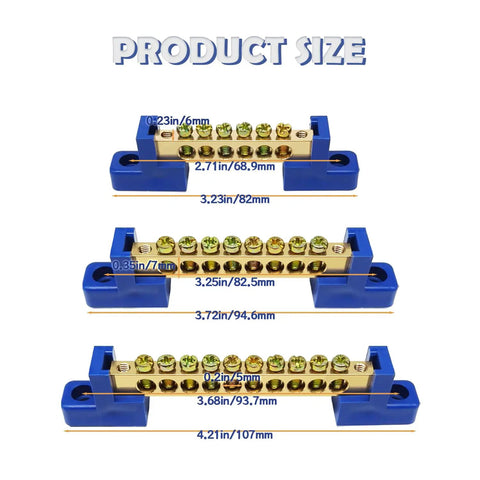 Product size of Six Piece Grounding Bus Bar Kit with brass terminal blocks, M4 screws, and 40A rating