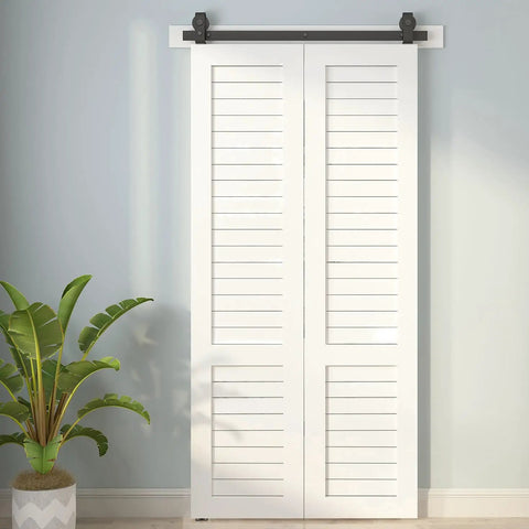 36 Inch Bi Folding Sliding Barn Door Hardware Track Kit With Heavy Duty Top Mounted Black Rollers For Two Doors Smooth Quiet Operation