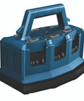 Ultra Fast 18V 6-Bay Battery Charger with 8 Amp Charge, showing six ports for back-to-back jobs, featuring carrying handle.