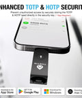 Top Tier FIDO2 Security Key And MFA Hardware Token With NFC Passkey on smartphone, showcasing secure TOTP & HOTP storage.