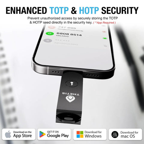 Top Tier FIDO2 Security Key And MFA Hardware Token With NFC Passkey on smartphone, showcasing secure TOTP & HOTP storage.