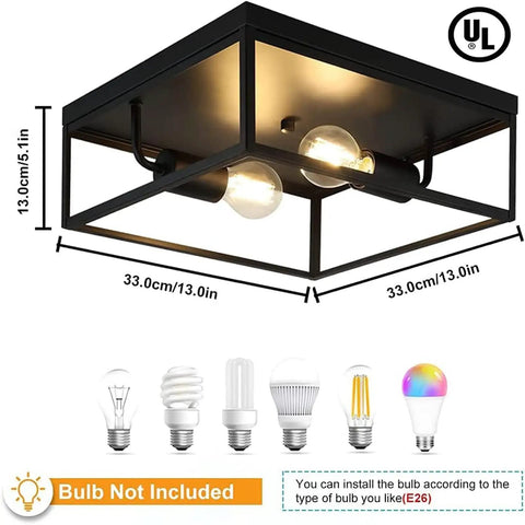 Industrial Metal Flush Mount Ceiling Light Fixture 13 Inch Square Two Light Open Cage No Glass Design Matte Black