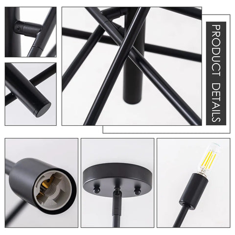 Black Modern Sputnik Chandelier With Adjustable Arms 6 Light Dope Mid Century Ceiling Pendant For Dining Room Kitchen Island Bedroom Or Foyer Easy Install