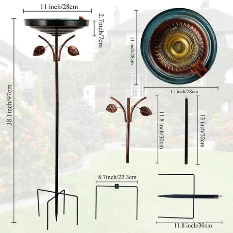 38 Inch Vintage Bird Bath With Five Prong Stake For Outdoor Gardens, metal yard decor with butterfly edge, cerulean finish