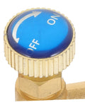 Close-up of blue knob with ON/OFF markings on a two piece R410 To R22 Adapter Valve Core Removal Kit for Refrigeration Service.