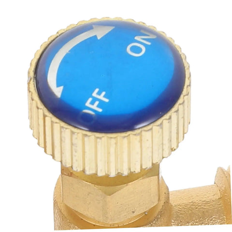 Close-up of blue knob with ON/OFF markings on a two piece R410 To R22 Adapter Valve Core Removal Kit for Refrigeration Service.