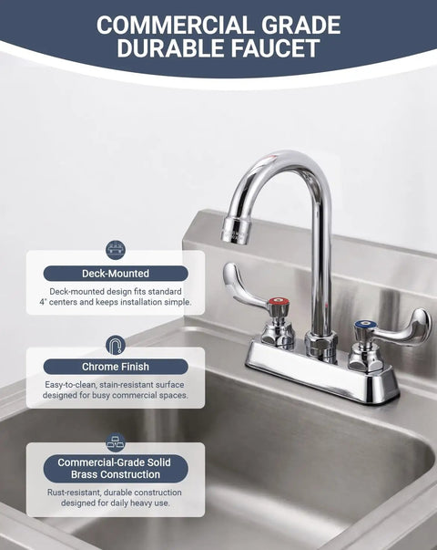 Phivan 4" Deck Mount Brass Kitchen Sink Faucet, 3-1/2" Gooseneck Spout with chrome finish in a stainless steel sink.