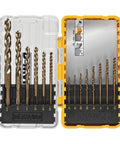 DEWALT 14-piece cobalt drill bit set with pilot point in yellow and clear plastic cases