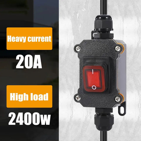 Waterproof Inline Cord Switch With Red Light Rocker Button DPST On Off Toggle Switch For Outdoor Use 20A 125V And 16A 250V Heavy Duty Start Stop Power Switch With Dual Entry And Exit Lines, black inline cord switch