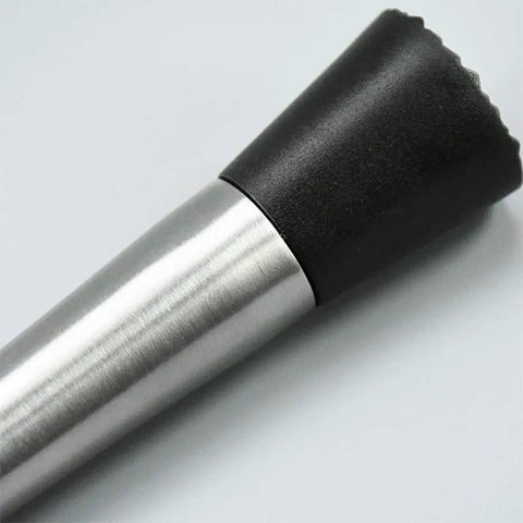 Close-up of Food Grade 304 Stainless Steel Cocktail Muddler and Mixing Spoon Set for Home Bar, featuring black muddler end.