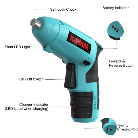 Compact 4V Cordless Screwdriver With Rechargeable Battery 11 Piece Bit Set LED Front Light And Power Display One Hand Easy Grip For Home DIY Lightweight Handy Tool In Blue with labels showing features like self-lock chuck and battery indicator.