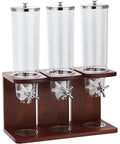 Triple Head Cereal Dispenser With Spacious Clear Storage Barrel And Rustic Wood Base showcasing three clear bins above wooden base.