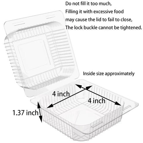 Dimensions of Clear Plastic Hinged Takeout Clamshell Containers, 50 Pack, See-Through with labeled measurements for desserts, salads.