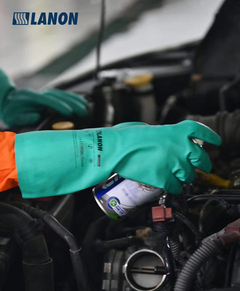 3 Pairs Nitrile Chemical Resistant Gloves Heavy Duty Reusable Rubber Work Gloves With Acid Alkali Oil Protection Non Slip Grip Ergonomic Design Large For Tough Jobs being used in automotive work