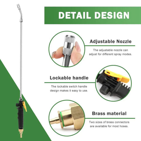 28 Inch Sprayer Wand With Universal Hose Fittings Brass Barbs For One Quarter Inch And Three Eighths Inch Hoses Stainless Steel Nozzle Shut Off Valve Clamps And Quick Connector Replacement with adjustable nozzle and lockable handle detail design