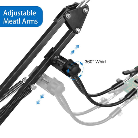 Adjustable metal arms of 3 In 1 Solder Fume Extractor Smoke Absorber Fan Lamp with 2 Helping Hands and 3 Carbon Filters