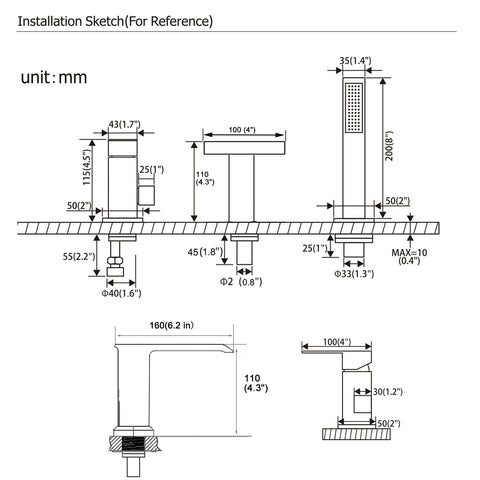 Installation diagram of Roman Tub Faucet Deck Mount Waterfall Tub Faucet Matte Black With Hand Shower Sprayer Three Hole Set.