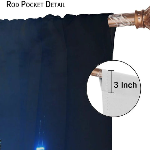 New York Night City Skyline 3D Neon Curtains Set For Bedrooms And Living Rooms, Blackout Window Drapes With Thermal Insulation, Rod Pocket Panels, Two Panels Each 27.5 Inches Wide By 63 Inches Long, Overall 55 By 63 Inches, City Vibe Ready showing 3-inch rod pocket detail