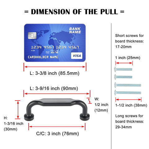 Dimensions of heavy duty 3 inch pulls in smooth oil rubbed bronze for cabinet upgrades. Includes screw sizes for easy installation.