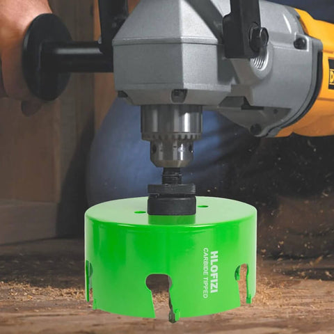 HLOFIZI 6-1/8-inch carbide-tipped hole saw on a drill, green multi-material cutter for recessed lights with arbor.