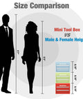 Size comparison of Mini Metal Tool Box With Two Drawers And Top Storage, Cold Rolled Steel Chest with human silhouettes.