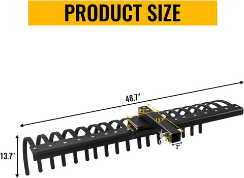 49 Inch Landscape Rake Attachment With 17 Spring Steel Tines for Lawn Tractors and ATV UTVs, dimensions and tines visible